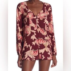 Show Me Your Mumu V-Neck Tie Back Paisley Romper Vino Vine Long Sleeve | Small